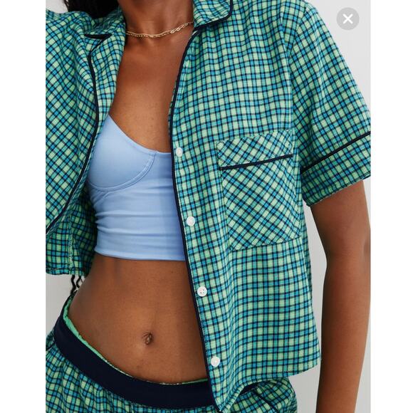 Aerie Green Plaid Flannel Pajama Shirt Top Cropped Relaxed Fit - Size Medium - Picture 1 of 10